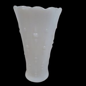 Vintage White Milk Glass Vase with Raised Design and Scalloped Edges